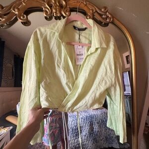 Zara Pastel Green  linen Wrap Blouse